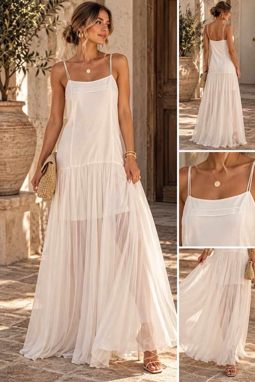 COMMENSE Women’s White Square Neck Drop Waist Strap Maxi Dress XS